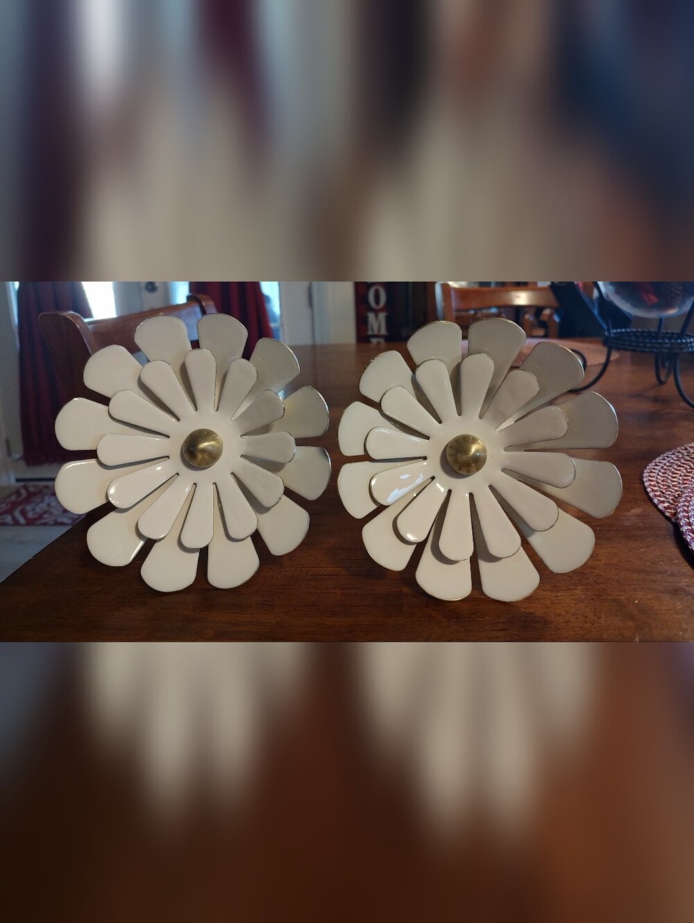 White Floral Metal Decor Pair with Brass Center